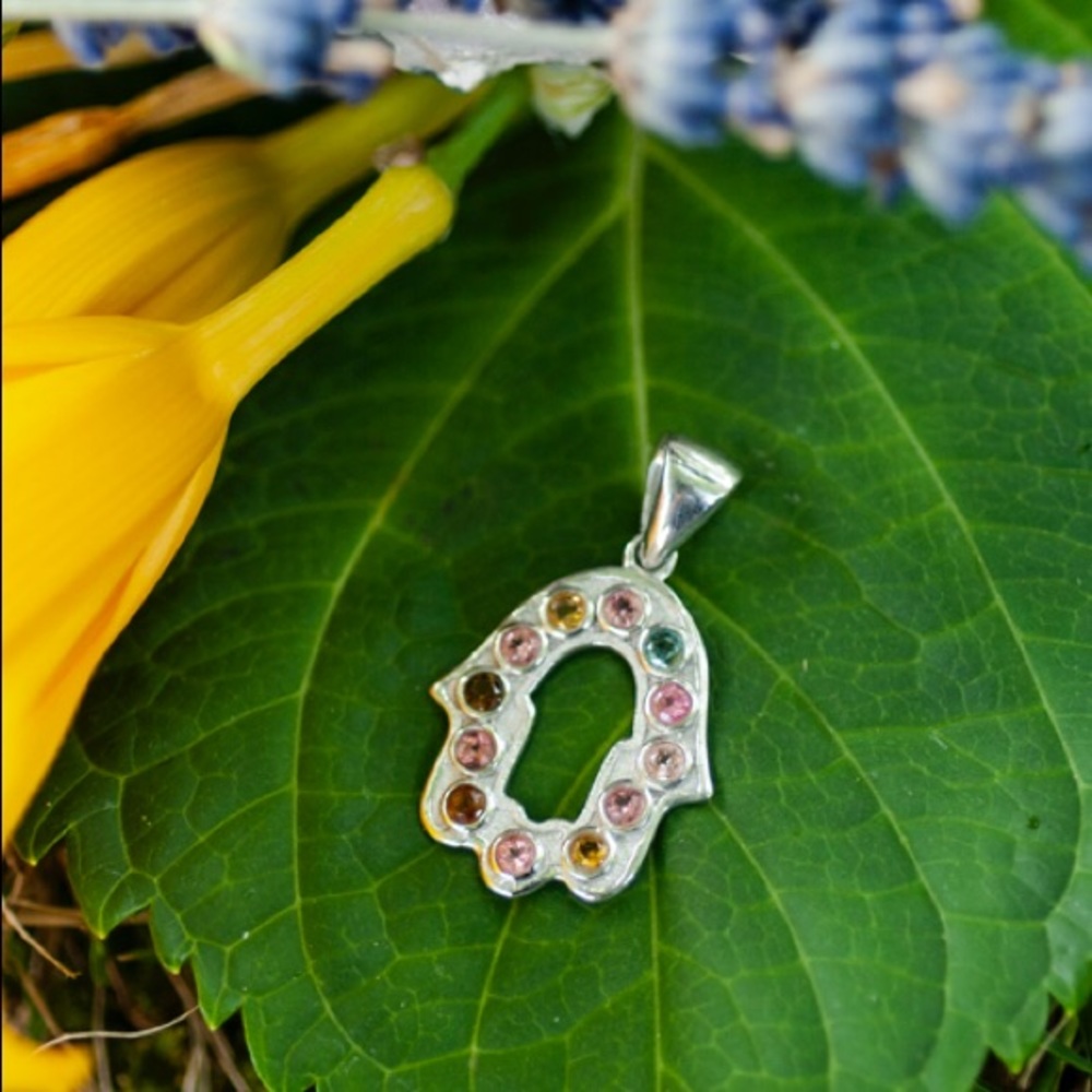 Rainbow Gemstone Silver Hand of Fatima Pendants